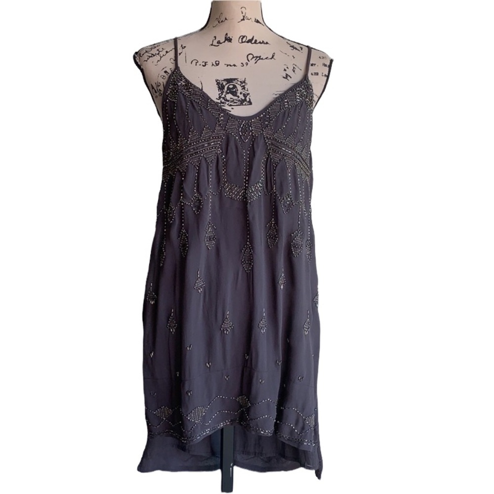 Free People Beaded Boho High Low Tunic Mini Top Dress Slate